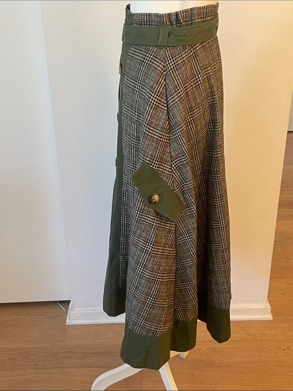 Olive Green Plaid Panel Midi Skirt - VINTAGE AMERI - Picture 6 of 9
